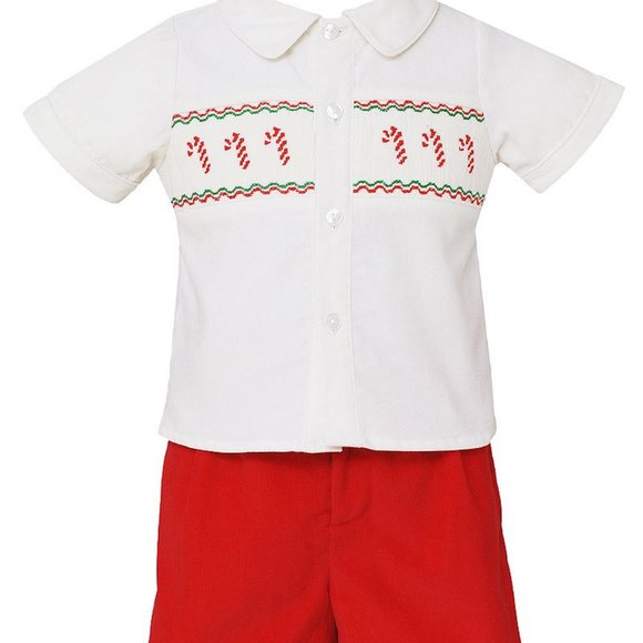 ANAVINI BOYS SMOCKED CANDY CANES SHIRT WITH RED CORDUROY SHORTS